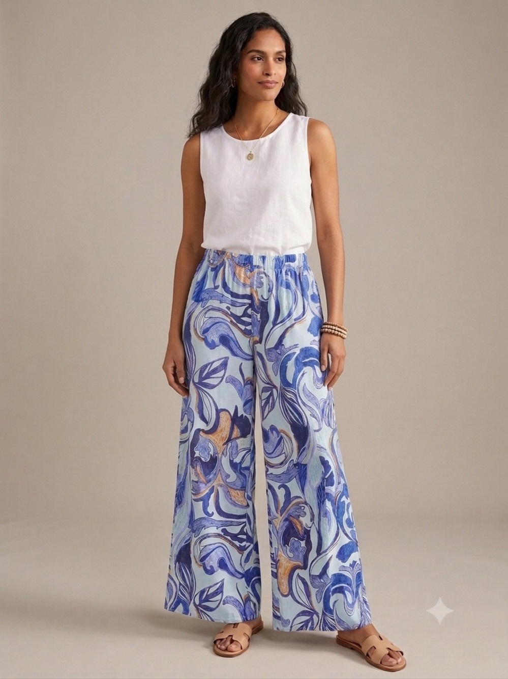 bryn Walker Blue & Cream Wide-Leg Printed Viscose Pants